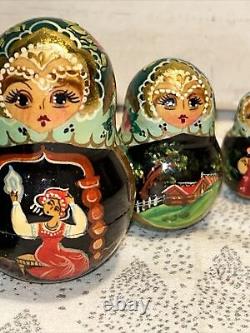 1994 VTG Russian Fairytale Nesting Doll Hand Painted Signed 9.5 10 Pce