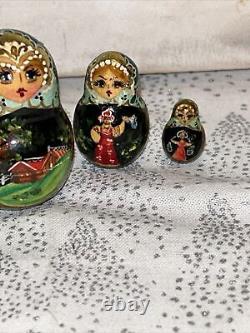 1994 VTG Russian Fairytale Nesting Doll Hand Painted Signed 9.5 10 Pce