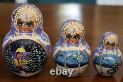 1995 Russian 10 Doll Matryoshka Nesting Doll #6 Winter Scenes Lavender Florals