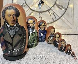 1999 Russian Nesting Doll Poets Pushkin Etc Signed 9 Pce