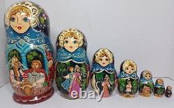 2002 Matryoshka Nesting Stacking Dolls Wood Hand Painted Signed Set 7 Fairy Tale