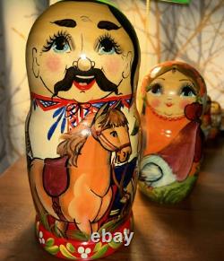 2009 Russian Signed Matryoshka Nesting Doll 7 Pce Folk Art Farm Family