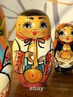 2009 Russian Signed Matryoshka Nesting Doll 7 Pce Folk Art Farm Family