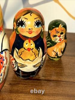 2009 Russian Signed Matryoshka Nesting Doll 7 Pce Folk Art Farm Family