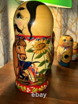 2009 Russian Signed Matryoshka Nesting Doll 7 Pce Folk Art Farm Family