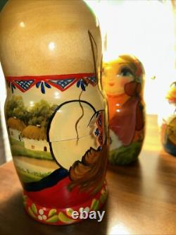 2009 Russian Signed Matryoshka Nesting Doll 7 Pce Folk Art Farm Family