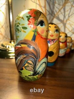 2009 Russian Signed Matryoshka Nesting Doll 7 Pce Folk Art Farm Family