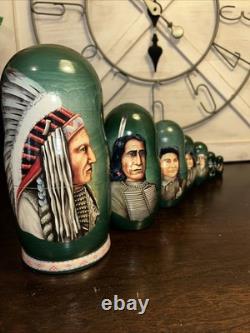 2014 Signed Golden Cockerel Native American Matryoshka Nesting Doll 7 Pce