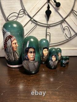 2014 Signed Golden Cockerel Native American Matryoshka Nesting Doll 7 Pce