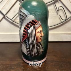 2014 Signed Golden Cockerel Native American Matryoshka Nesting Doll 7 Pce