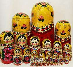 25pc Nesting Doll Matryoshka XL SET HUGE RUSSIAN DOLLS Semenov Yellow Red Flower