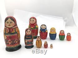 2 Sets of Antique Russian Matryoshka wooden nesting dolls folk art
