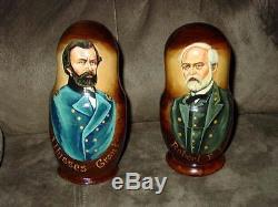 (2) US Civil War Russian RE Lee & Grant Nesting Doll Sets Confederate & Union