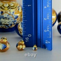 4 15 Pc, Gold and Blue Round Russian Matryoshka Nesting Doll Set Signed
