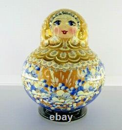 4 15 Pc, Gold and Blue Round Russian Matryoshka Nesting Doll Set Signed