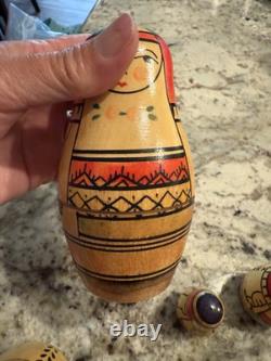 4 VTG Hand painted Mordova Region Russia Russian Folk Art nesting dolls