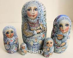5pcs Hand Painted One Of A Kind Russian Nesting Doll Tea Time By Olga Molotova