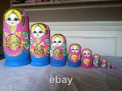 5 russian nesting doll Set Of 10 Hand made 10.5 inchs tall pink US Seller