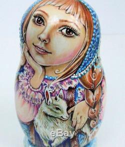 5p Handpainted Only one Russian Nesting Doll Girls with their goats, Chmelyova