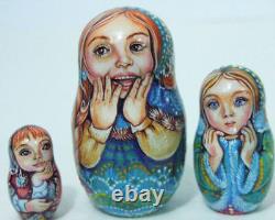 5p Handpainted Only one Russian Nesting Doll Girls with their goats, Chmelyova