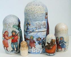 5p Handpainted Only one Russian Nesting Doll Russian Winter with All, Molotova