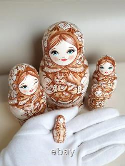 5pcs Brown Dolls Set Wooden Russian Nesting Babushka Matryoshka Hand Painted