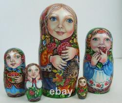 5pcs Hand Painted Only one Russian Nesting Doll Girls enjoy Fruits, Chmelyova