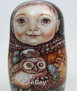 5pcs Hand Painted Only one Russian Nesting Doll Girls with Owls, Chmelyova