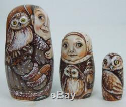 5pcs Hand Painted Only one Russian Nesting Doll Girls with Owls, Chmelyova
