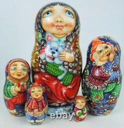 5pcs Hand Painted Russian Nesting Doll Christmas Time by Pokrovskaya