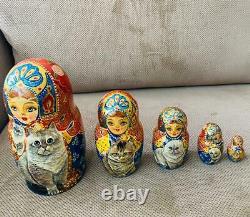 6 Russian Matryoshka 5 Piece Nest Doll CATS Crafts Painted USSR Russian Sign