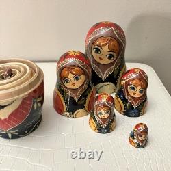 6pc Russian Authentic 6 Matryoshka Nesting Dolls Holding Cat Signed Mockba'92