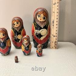6pc Russian Authentic 6 Matryoshka Nesting Dolls Holding Cat Signed Mockba'92