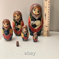 6pc Russian Authentic 6 Matryoshka Nesting Dolls Holding Cat Signed Mockba'92