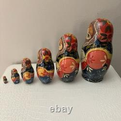 6pc Russian Authentic 6 Matryoshka Nesting Dolls Holding Cat Signed Mockba'92