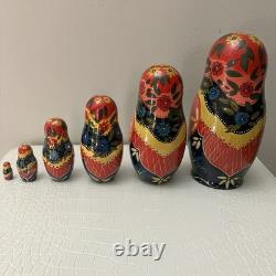 6pc Russian Authentic 6 Matryoshka Nesting Dolls Holding Cat Signed Mockba'92