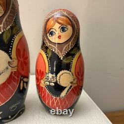 6pc Russian Authentic 6 Matryoshka Nesting Dolls Holding Cat Signed Mockba'92
