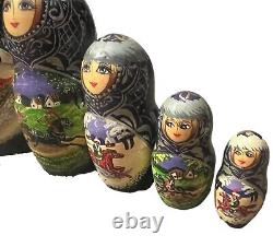 7 Vintage Signed Russian Wooden Nesting Dolls, Hand Painted