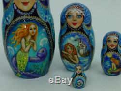 7pcs One of a Kind Hand Painted Russian Nesting Doll Mermaids by Ilyukova