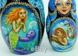 7pcs One of a Kind Hand Painted Russian Nesting Doll Mermaids by Ilyukova