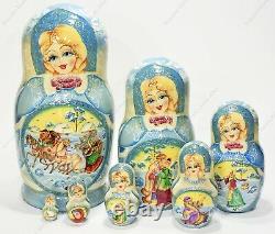8 Gorgeous Russian Winter Matryoshka Nesting Dolls Fedoskino Miniatures 7pcs