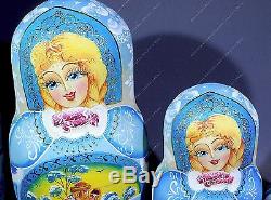 8 Gorgeous Russian Winter Matryoshka Nesting Dolls Fedoskino Miniatures 7pcs