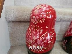 8 Nesting Wood Matryoshka Dolls Russia Signed Hand Made Painted Black Lacquer
