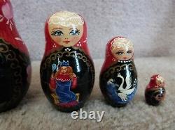 8 Nesting Wood Matryoshka Dolls Russia Signed Hand Made Painted Black Lacquer