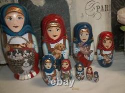 9 PCS Russian Collectible Art Nesting Dolls, Matryoshka Basket of Dogs 8 IN x 3