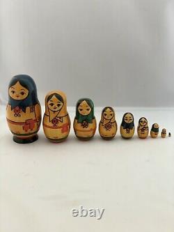 9 Piece Vintage Wood Russian Matpewka Matryoshka Nesting Doll OTK-3 Rare