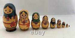 9 Piece Vintage Wood Russian Matpewka Matryoshka Nesting Doll OTK-3 Rare