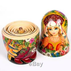 9 Russian Matryoshka Dolls with Handpainted Floral Artwork. 7 pc Nesting Doll