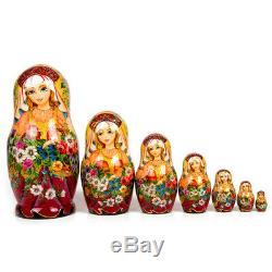 9 Russian Matryoshka Dolls with Handpainted Floral Artwork. 7 pc Nesting Doll