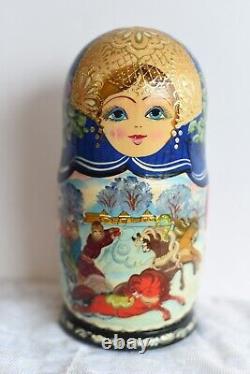 9 Russian Matryoshka Wooden Nesting Dolls Set of 7 Winter Scenes Gold Paint (Q)